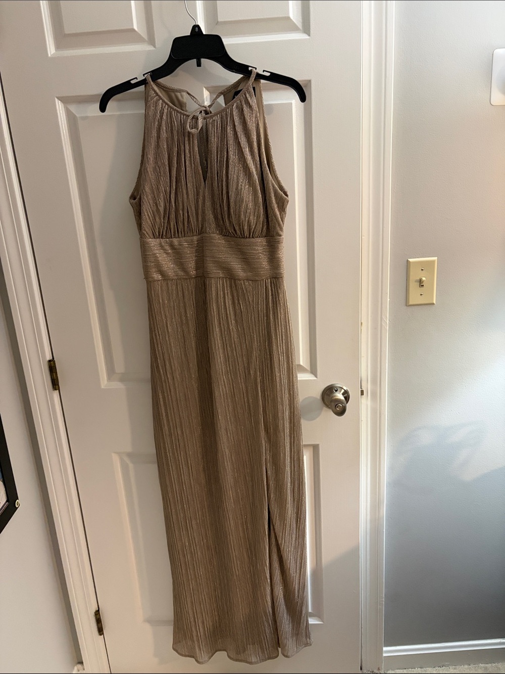 R&M Richards Metallic Champagne Halter Maxi Dress